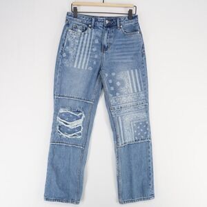 Cleo + Wolf Jeans Womens 26x30 Blue Paisley Print High Rise Straight Distressed